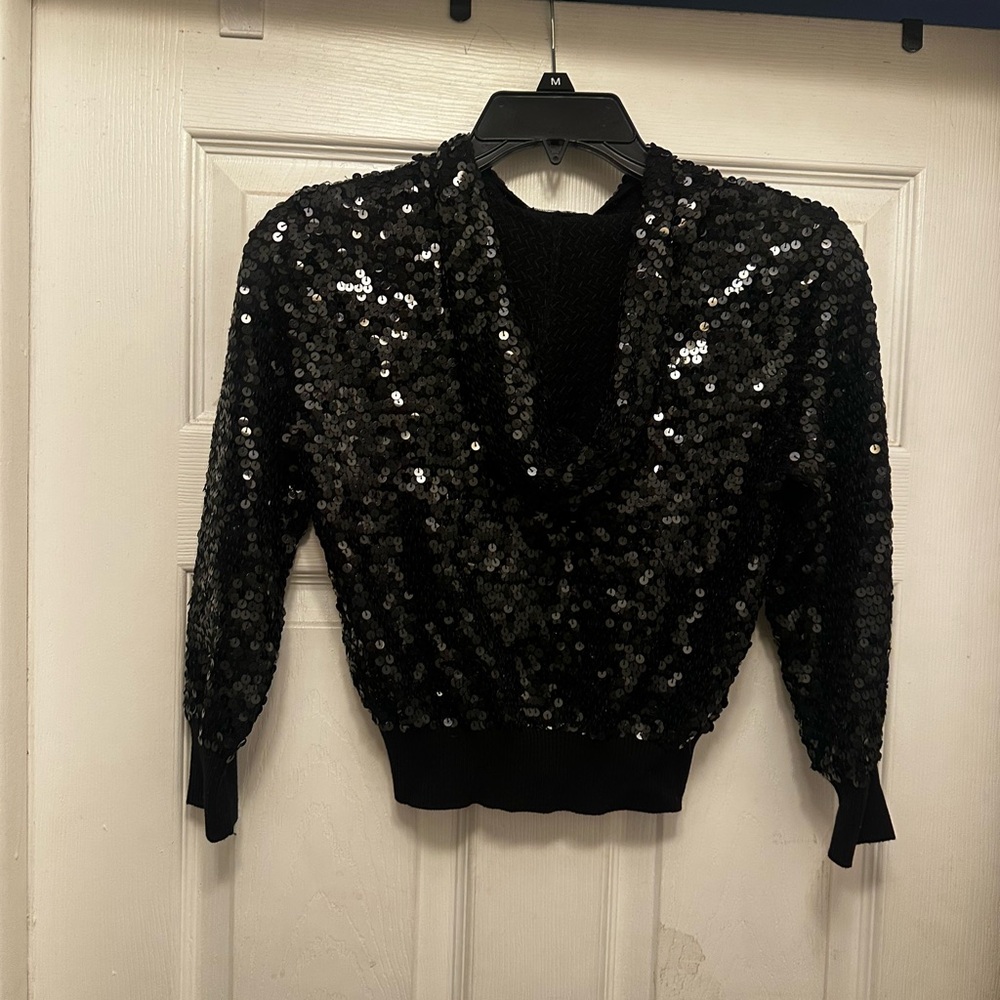 bebe Black Sequin Hoodie Sweater Crop Top